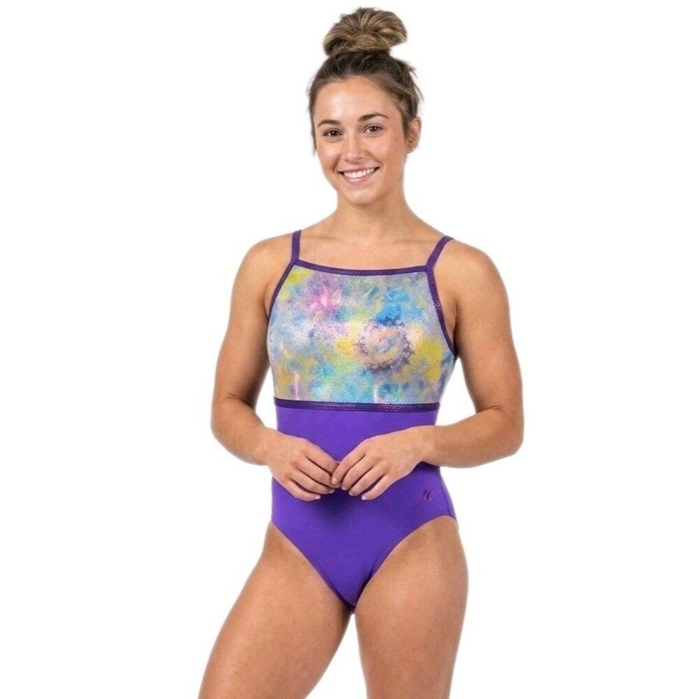 GK Elite VTG Rainbow Color Splotch Pixelated LS Cami Leotard Glitter Trim AL